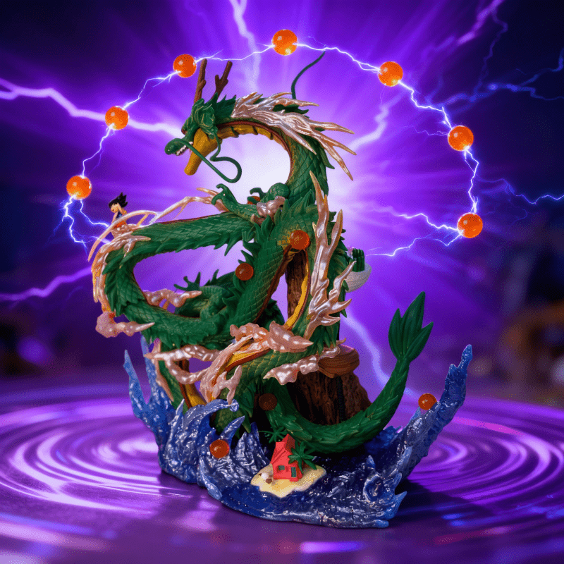 Anime Dragon Model with Blue Sea Wave Base & Red Cottage - Dynamic Pose, Vibrant Colors, Detailed Design for Car Interior, Desktop Decor, Christmas, Halloween