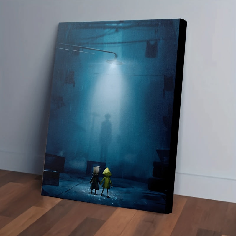 1pc Little Nightmares Six & Mono Rainy Night Scene Framed Canvas Wall Art - 29.97x39.88cm (11.8"x15.7") Recycled Wood Frame, Ready-to-Hang Video Game Inspired Painting for Living Room, Bedroom, Dorm, Office, Playroom Decor -