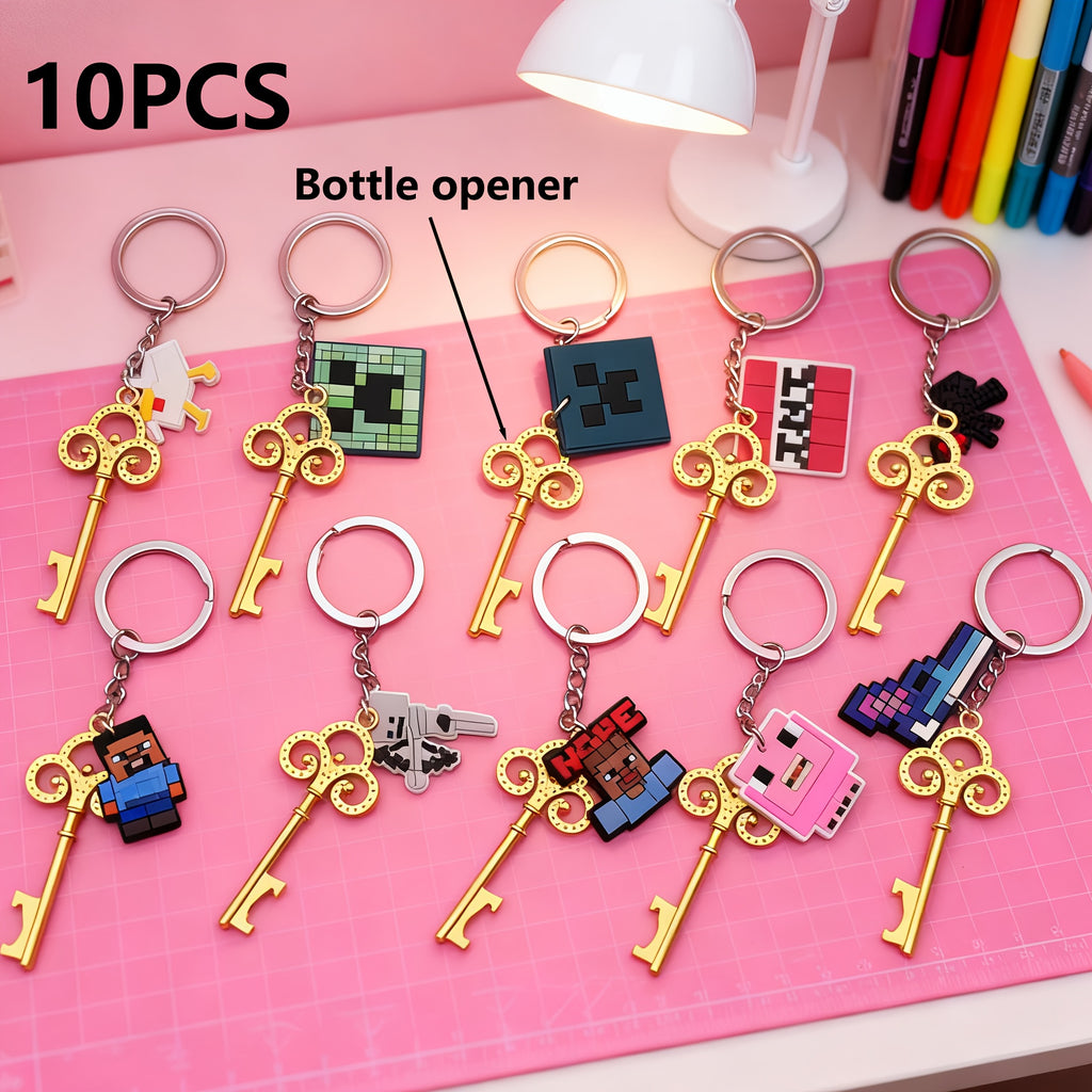 10pcs MINECRAFT Keychains with Openers - Official Minecraft-Themed Keys with Creeper, Sheep, Diamonds, TNT, Golden Tools - Durable PVC & Stainless Steel - Birthday, Christmas, Halloween, Holiday Gifts, Pixel Art Design, Decor