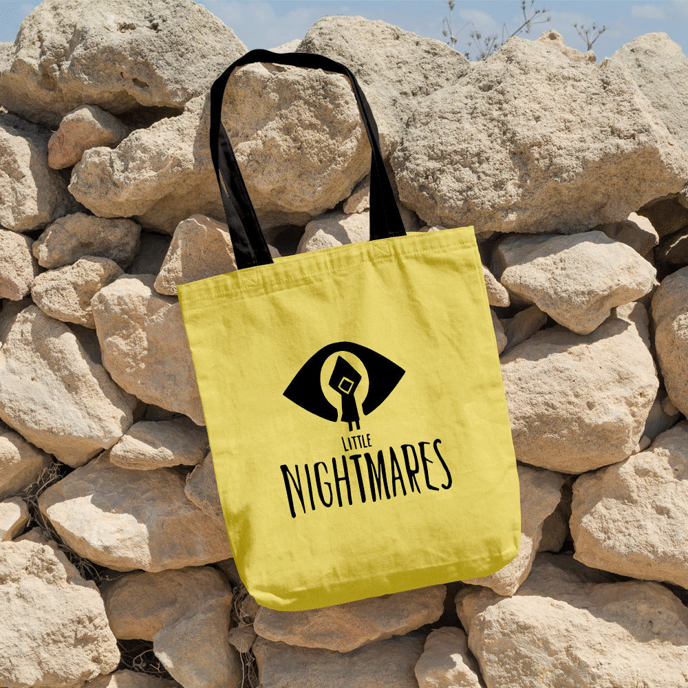 Nightmares-Inspired Gothic Lettering & Little Nightmares Logo-like Tote Bag - Heavy-Duty Reusable Shopping Tote with Sturdy Black & Yellow Design, Durable Square Tote with Sturdy Black Looping Handle for Groceries, Books, Fan