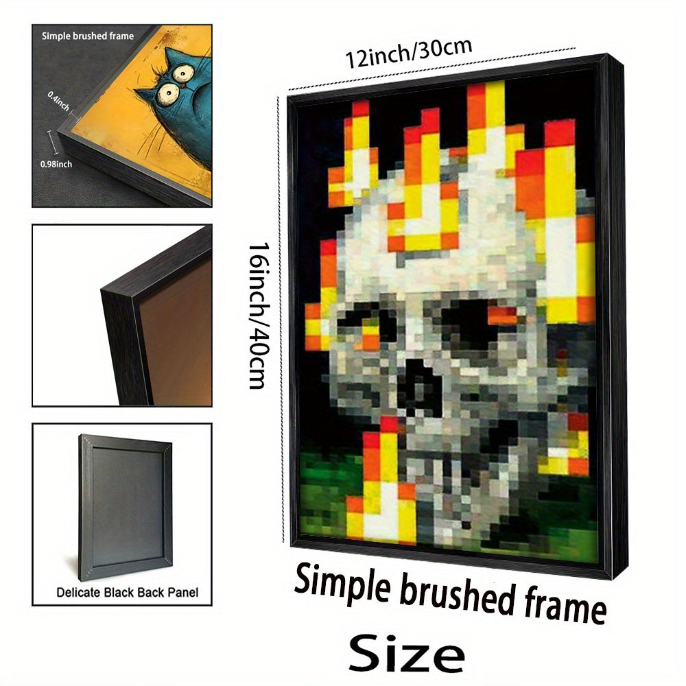 1pc Framed Canvas Poster - Retro 8-Bit Arcade Pixel Skull Flames Art, Bold Color Block High-Contrast Wall Decor for Gamers & Pop Culture Fans, Edgy Modern Artwork for Living Room, Office, Cafe, Gamer Room Accent, Vibrant Artw