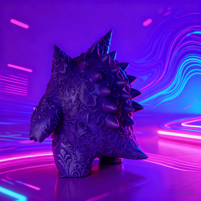 تمثال بيولوجي أرجواني اللون، مغطى بأنماط دقيقة في جميع أنحاء الجسم، مع نسيج معقد وفني، وأسنان بيضاء مبالغ فيها وتفاصيل عين حية تجعل النموذج مليئًا بالتوتر، والأشواك الحادة على الظهر