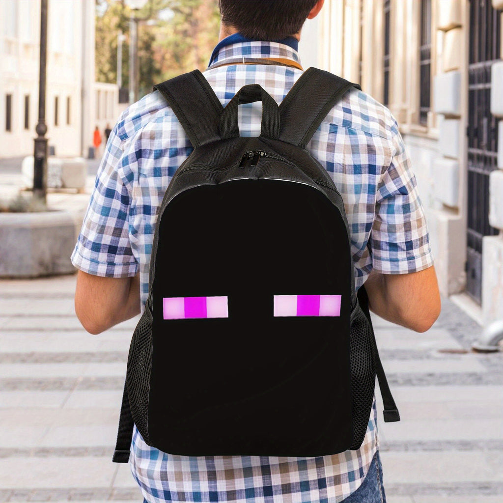 1pc Retro Game-Inspired Backpack - Black with Pink & White Pixelated Eyes Design, Adjustable Straps, Lightweight & Machine Washable, Perfect for High School Students, Daily Commute, or Birthday Gift, Backpack for School, Play
