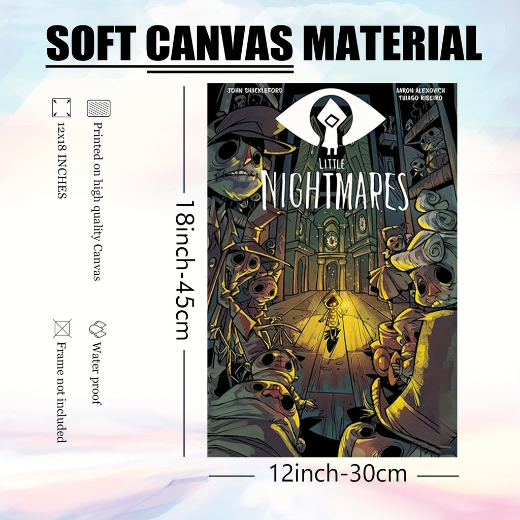 1pc Frameless Little Nightmares Dark Adventure Canvas Wall Art Poster - 30.48x45.72 cm Eerie Cartoon Artwork with Zero Character & Surreal Architecture, Perfect for Bedroom, Bathroom, Kitchen, Office & Cafe Decor, 2D Flat Des
