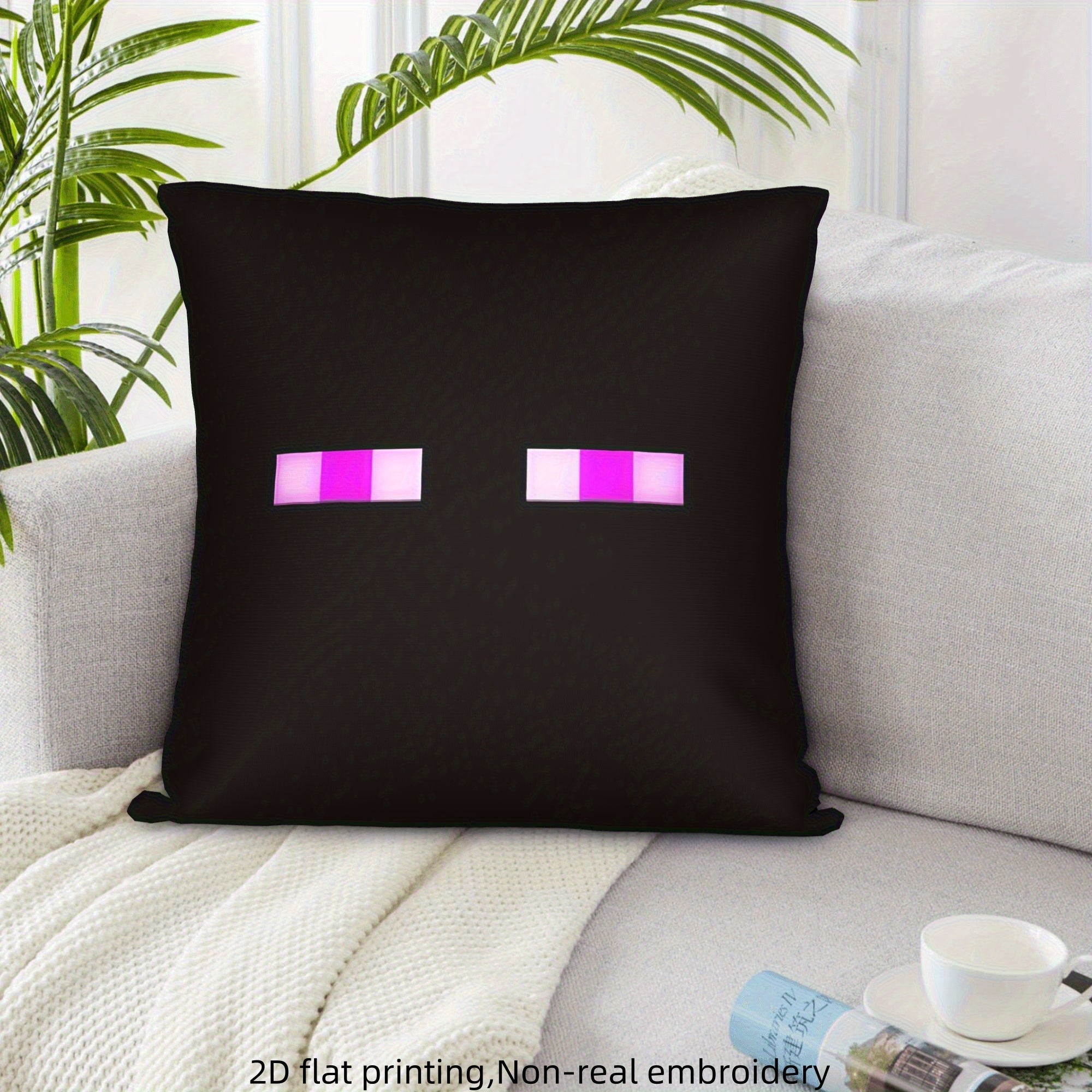 1pc 2D Flat Printing Pixel Art Mysterious Eye Pillow Cover, Polyester Material, Single-Sided Printing, Without Pillow Core. Black Background with Pink And Purple Pixel Eyes, Exuding a Game Room Psychedelic Vibe, Suitable for