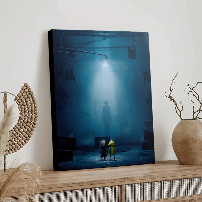 1pc Little Nightmares Six & Mono Rainy Night Scene Framed Canvas Wall Art - 29.97x39.88cm (11.8"x15.7") Recycled Wood Frame, Ready-to-Hang Video Game Inspired Painting for Living Room, Bedroom, Dorm, Office, Playroom Decor -