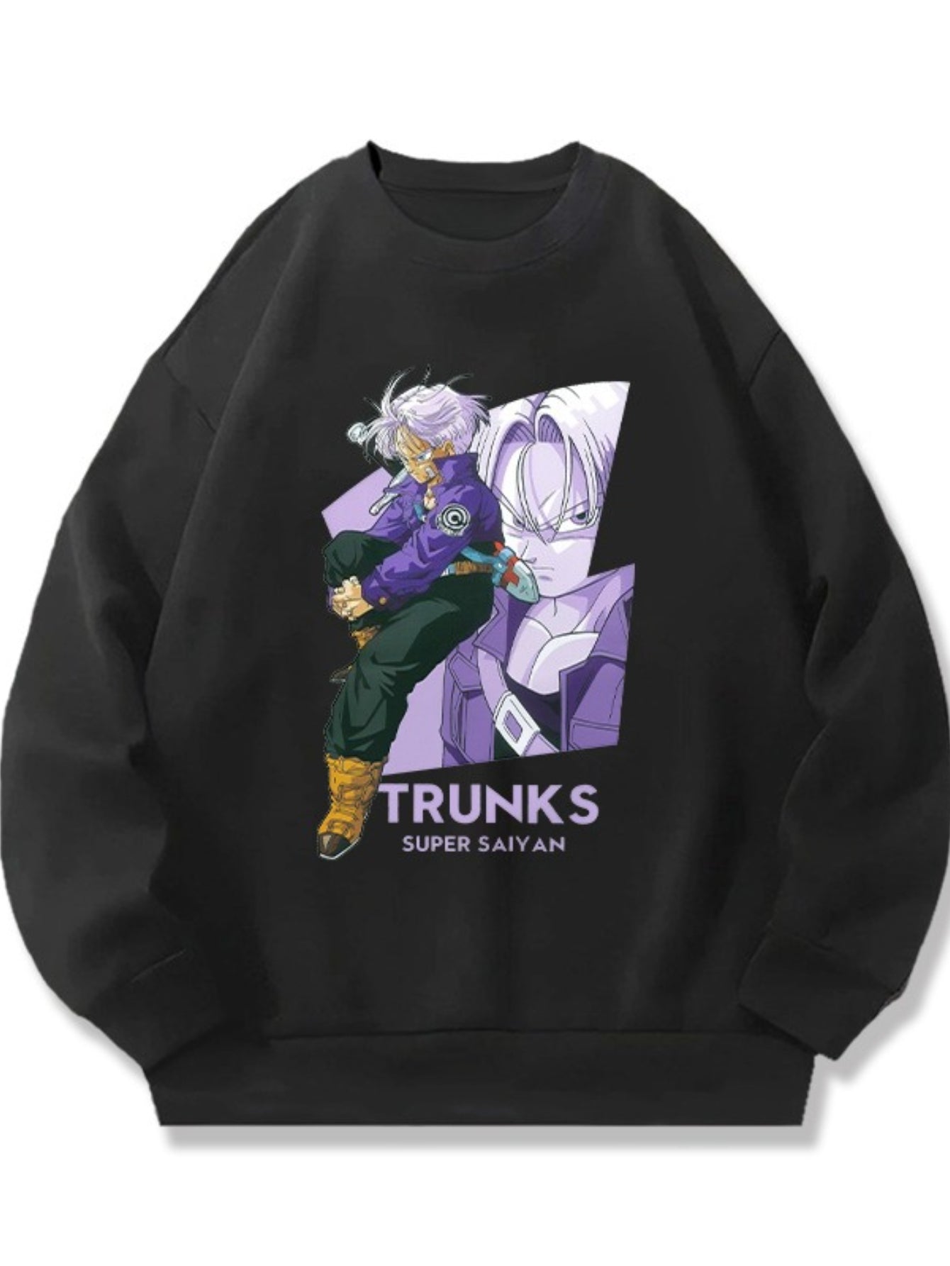 DRAGON BALL Men's & Unisex-like Trunks Super Saiyan Anime Sweatshirt - Black Goku's Iconic Character Print with Text, Casual Round Neck Pullover for & Casual Attire, Saiyan-Themed Gift for Fans