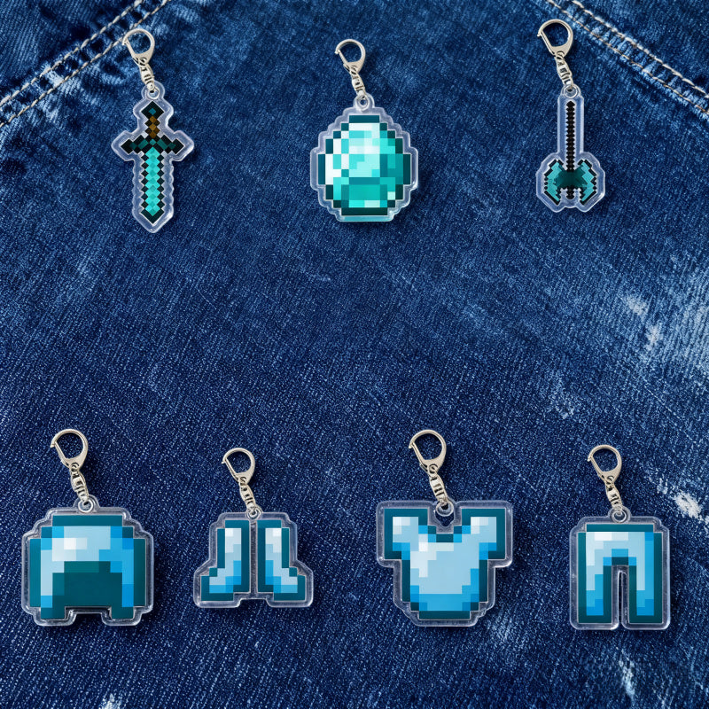 7pcs block-based game Diamond Armor Set - Complete Collectible Acrylic Keychain & Accessory Kit with Diamond Sword, Pickaxe, Bow, Chest Plate, Helmet, Pants & Boots Charms - Durable PP for,, Gamers (/Holiday Gift