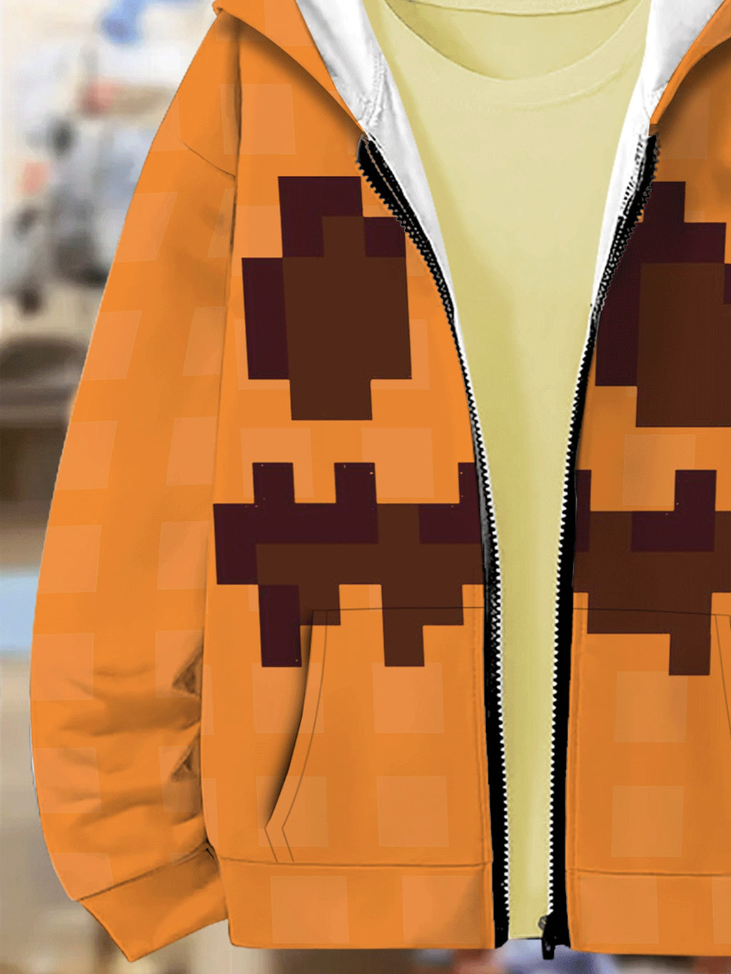 Boys' Halloween Pixel Pumpkin Hooded Zip-Up Sweatshirt - Cozy Orange Jacket with Black Zigzag Design, Casual Long Sleeve Outerwear for Fall/Winter, Perfect for Outdoor Play & Daily Wear, Halloween, Playful Design, Comfortable