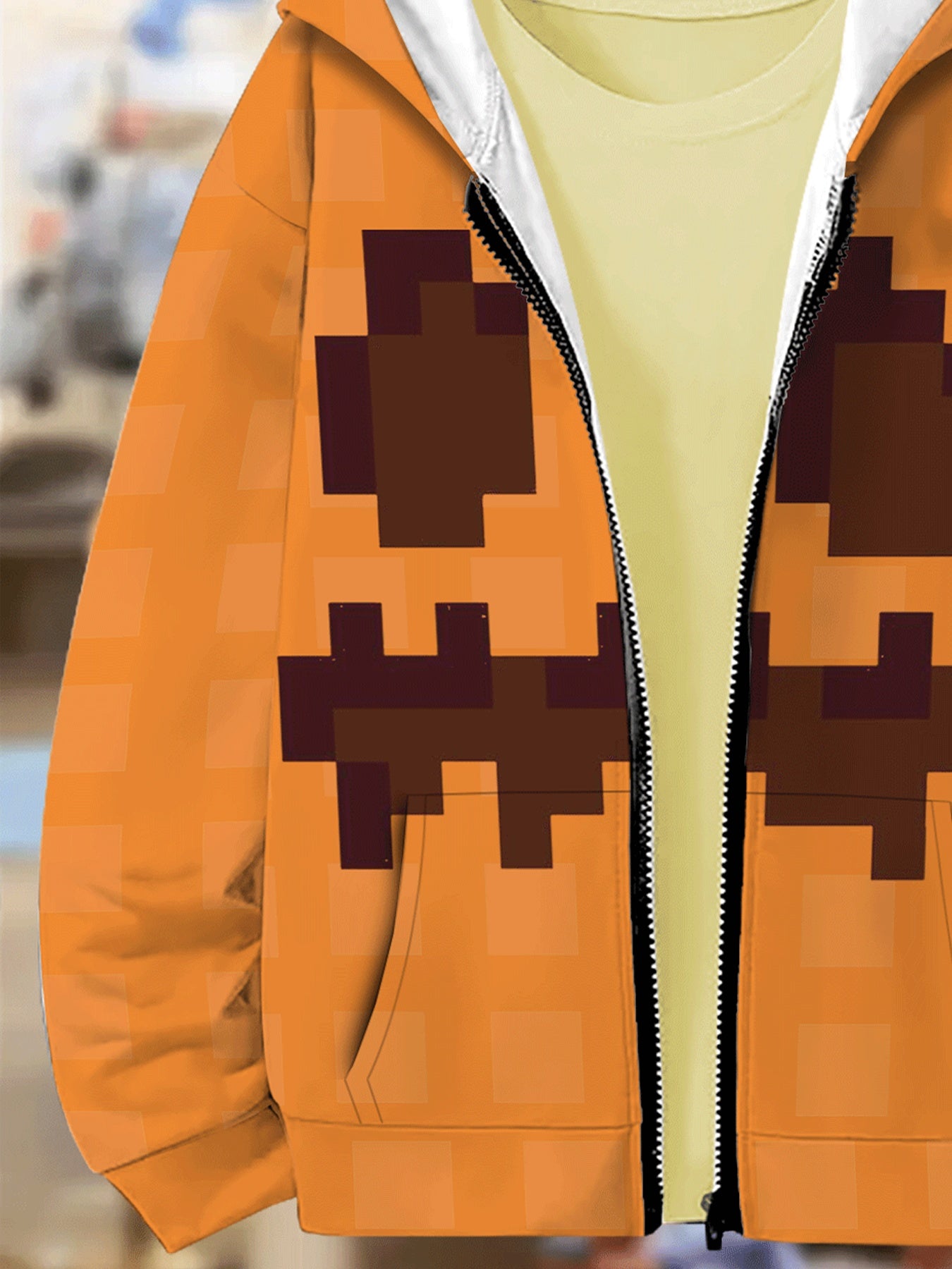 Boys' Halloween Pixel Pumpkin Hooded Zip-Up Sweatshirt - Cozy Orange Jacket with Black Zigzag Design, Casual Long Sleeve Outerwear for Fall/Winter, Perfect for Outdoor Play & Daily Wear, Halloween, Playful Design, Comfortable