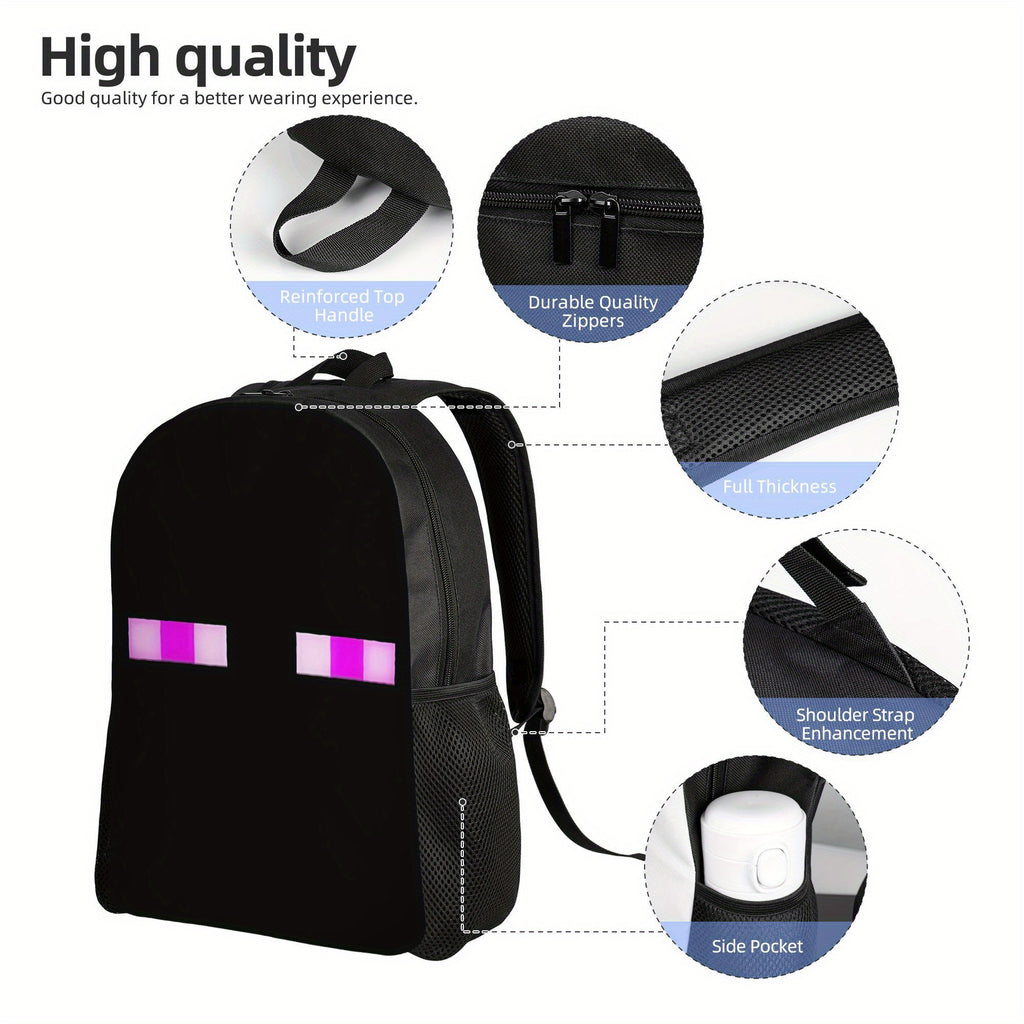 1pc Retro Game-Inspired Backpack - Black with Pink & White Pixelated Eyes Design, Adjustable Straps, Lightweight & Machine Washable, Perfect for High School Students, Daily Commute, or Birthday Gift, Backpack for School, Play