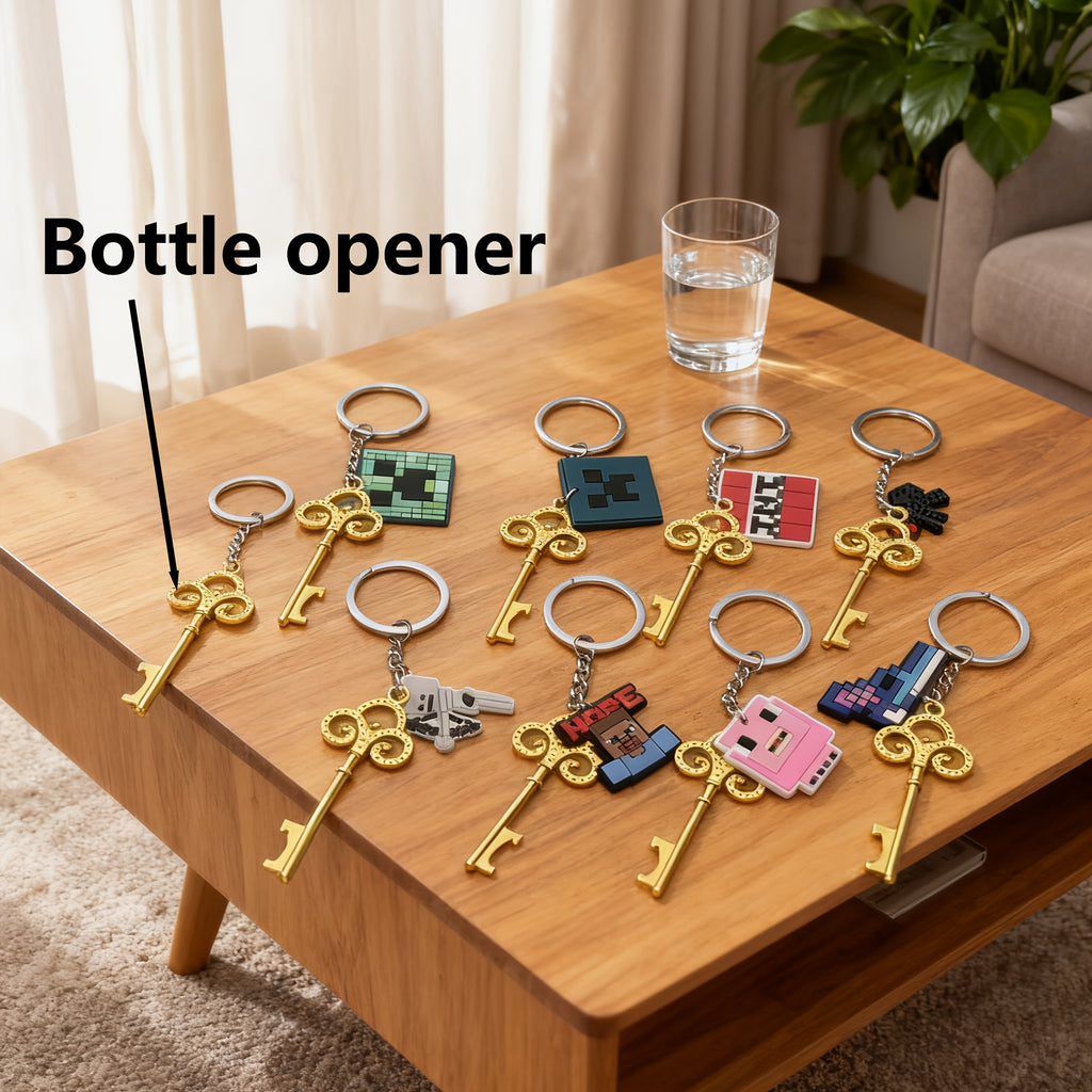 10pcs MINECRAFT Keychains with Openers - Official Minecraft-Themed Keys with Creeper, Sheep, Diamonds, TNT, Golden Tools - Durable PVC & Stainless Steel - Birthday, Christmas, Halloween, Holiday Gifts, Pixel Art Design, Decor