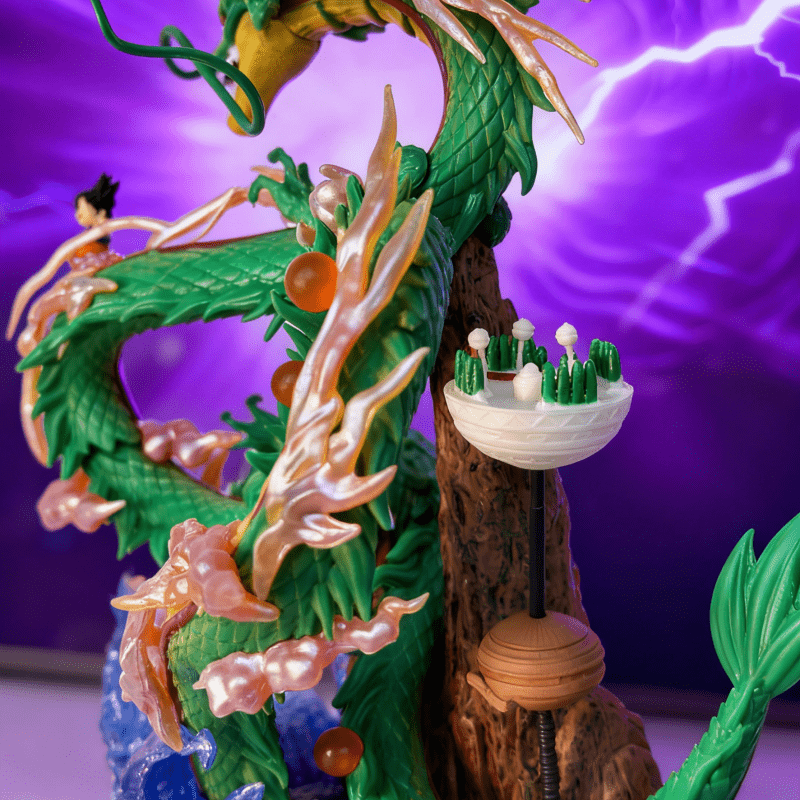 Anime Dragon Model with Blue Sea Wave Base & Red Cottage - Dynamic Pose, Vibrant Colors, Detailed Design for Car Interior, Desktop Decor, Christmas, Halloween