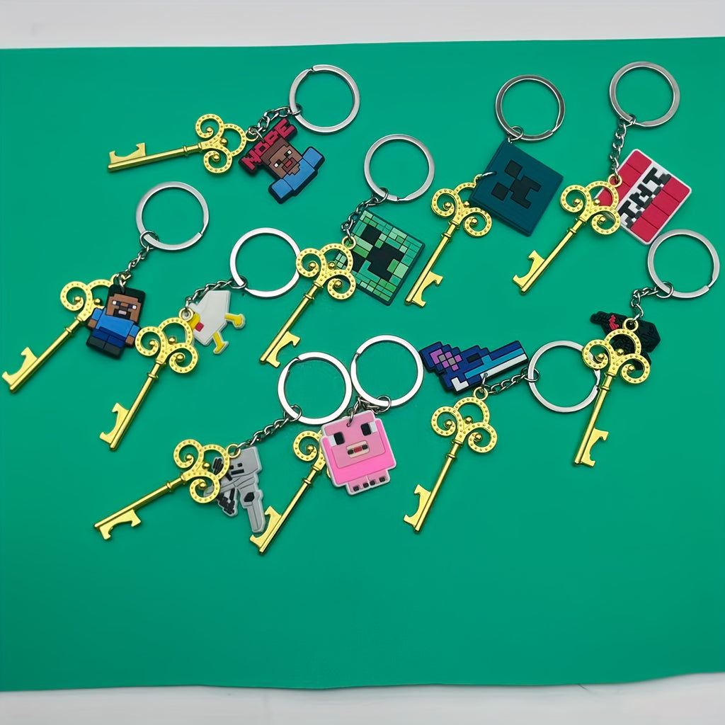 10pcs MINECRAFT Keychains with Openers - Official Minecraft-Themed Keys with Creeper, Sheep, Diamonds, TNT, Golden Tools - Durable PVC & Stainless Steel - Birthday, Christmas, Halloween, Holiday Gifts, Pixel Art Design, Decor