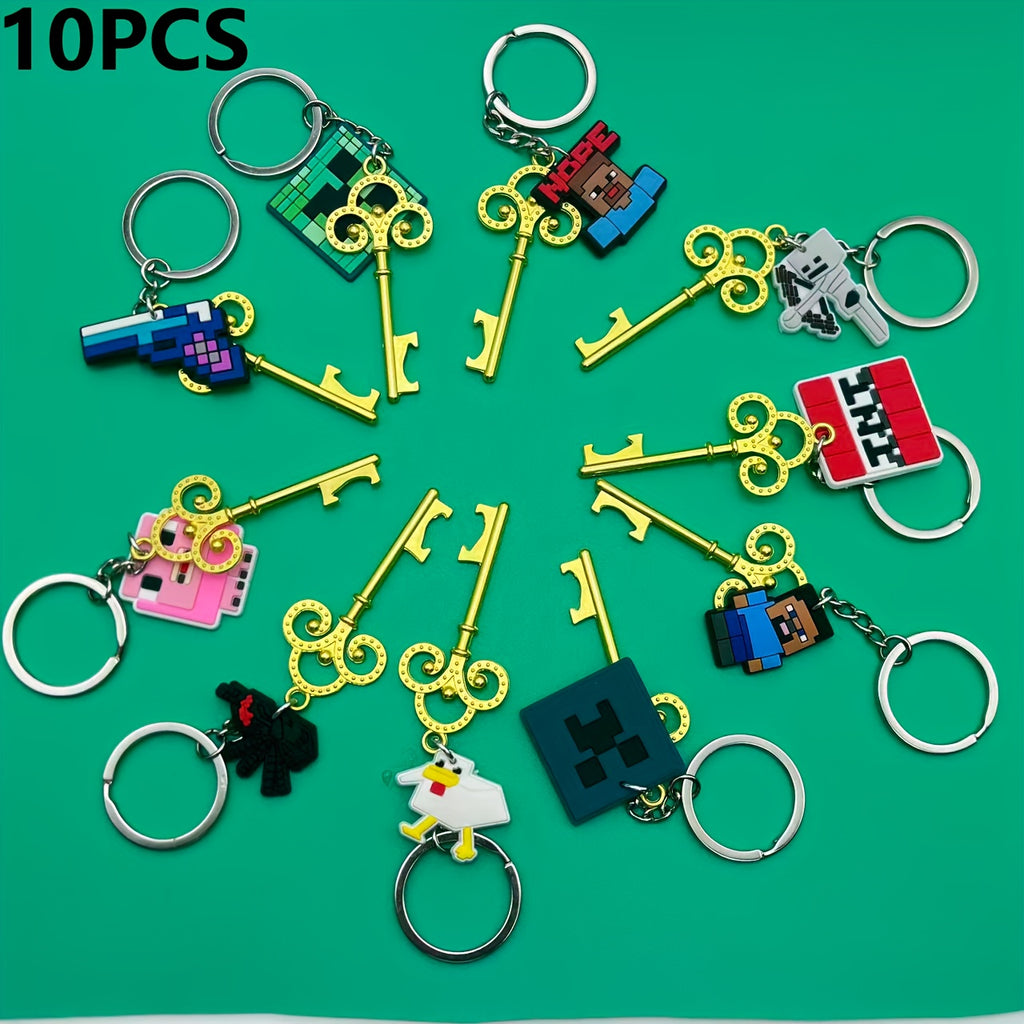 10pcs MINECRAFT Keychains with Openers - Official Minecraft-Themed Keys with Creeper, Sheep, Diamonds, TNT, Golden Tools - Durable PVC & Stainless Steel - Birthday, Christmas, Halloween, Holiday Gifts, Pixel Art Design, Decor