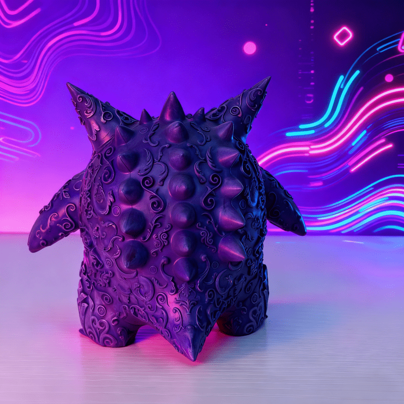 تمثال بيولوجي أرجواني اللون، مغطى بأنماط دقيقة في جميع أنحاء الجسم، مع نسيج معقد وفني، وأسنان بيضاء مبالغ فيها وتفاصيل عين حية تجعل النموذج مليئًا بالتوتر، والأشواك الحادة على الظهر