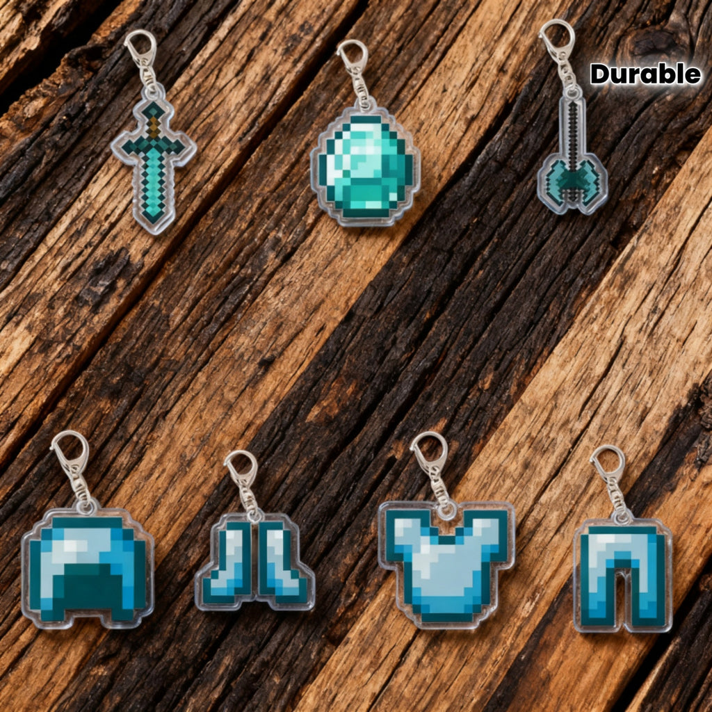 7pcs block-based game Diamond Armor Set - Complete Collectible Acrylic Keychain & Accessory Kit with Diamond Sword, Pickaxe, Bow, Chest Plate, Helmet, Pants & Boots Charms - Durable PP for,, Gamers (/Holiday Gift