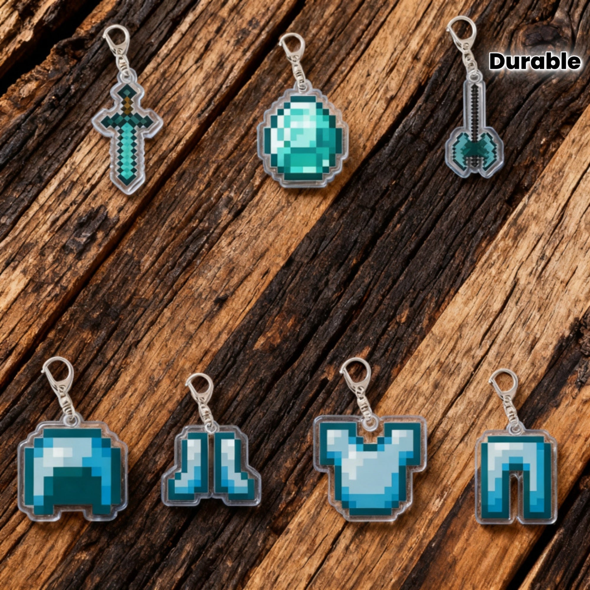 7pcs block-based game Diamond Armor Set - Complete Collectible Acrylic Keychain & Accessory Kit with Diamond Sword, Pickaxe, Bow, Chest Plate, Helmet, Pants & Boots Charms - Durable PP for,, Gamers (/Holiday Gift