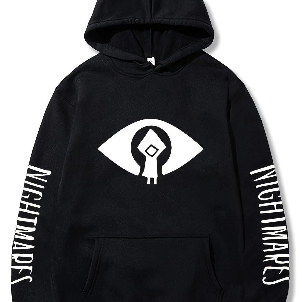 Unisex Hoodie with L-Little Nightmares Logo Print, Geometric-Patterned Sports Hooded Sweatshirt, Regular Fit, Knit Fabric, 95% Polyester 5% Spandex, Slight Stretch, 220g/m² - Streetwear Outerwear for Men and Women