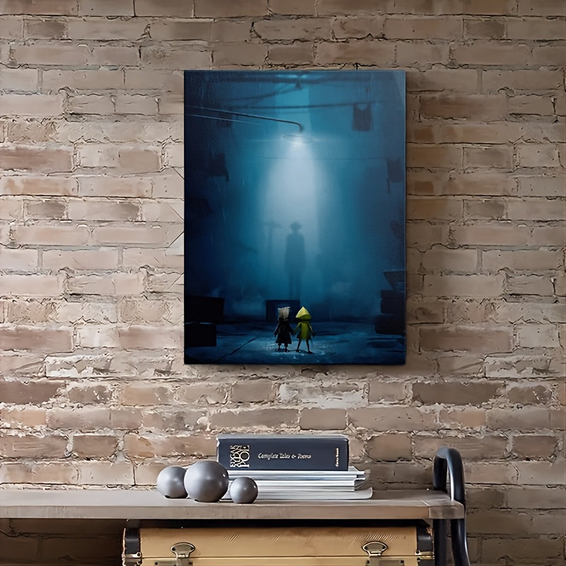 1pc Little Nightmares Six & Mono Rainy Night Scene Framed Canvas Wall Art - 29.97x39.88cm (11.8"x15.7") Recycled Wood Frame, Ready-to-Hang Video Game Inspired Painting for Living Room, Bedroom, Dorm, Office, Playroom Decor -