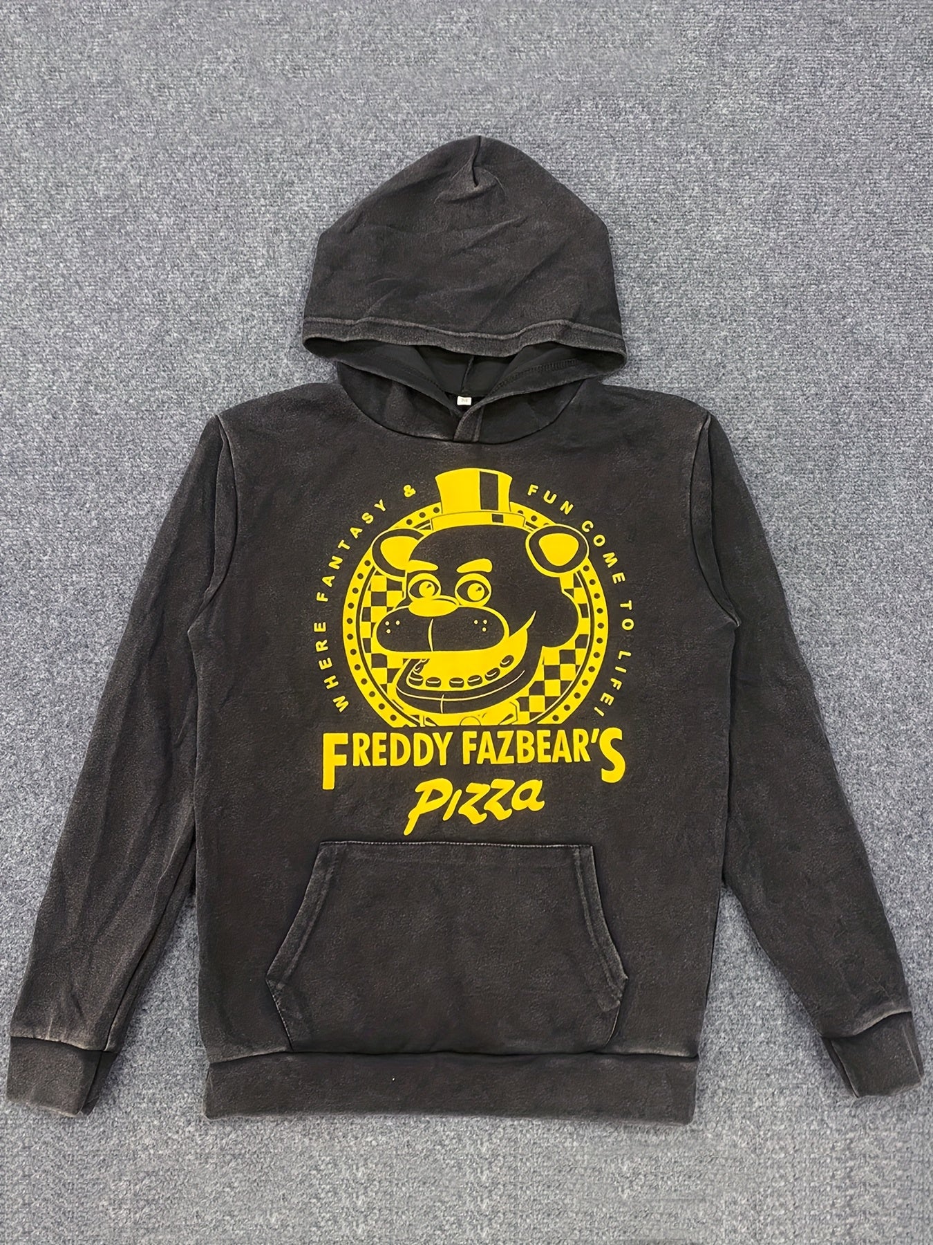 Vintage Freddy Fazbear'S Pizza Graphic Hoodie - Cozy Oversized Long Sleeve Hooded Sweatshirt, Gray Distressed Streetwear with Yellow Pizza Print, Perfect for Fall & Winter, Women'S Casual Streetwear|Casual Streetwear|Washed D