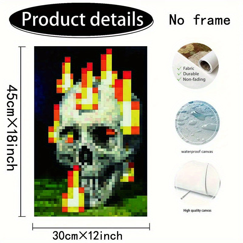 Pixelated Flame Skull Canvas Art Print - Frameless, Vibrant 8-bit Style Wall Decor for Home Office, Contemporary & Urban Themed, Vertical & Horizontal Hanging, Perfect for Modern Spaces, Skull Home Decor
