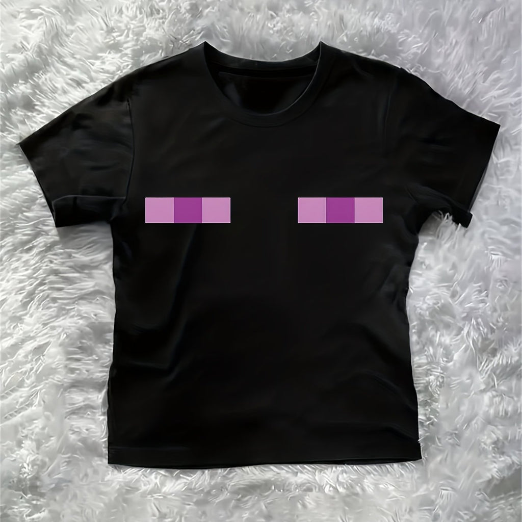 1pc Y2K Enderman Pixel Art Print Women'S Short T-Shirt, Loose Casual Fit for Everyday Wear and Perfect Holiday Gift Idea - Ideal Birthday Present or Friend, Casual Wear, Casual Attire, Geometric Pattern, Trendy Top, Printed T