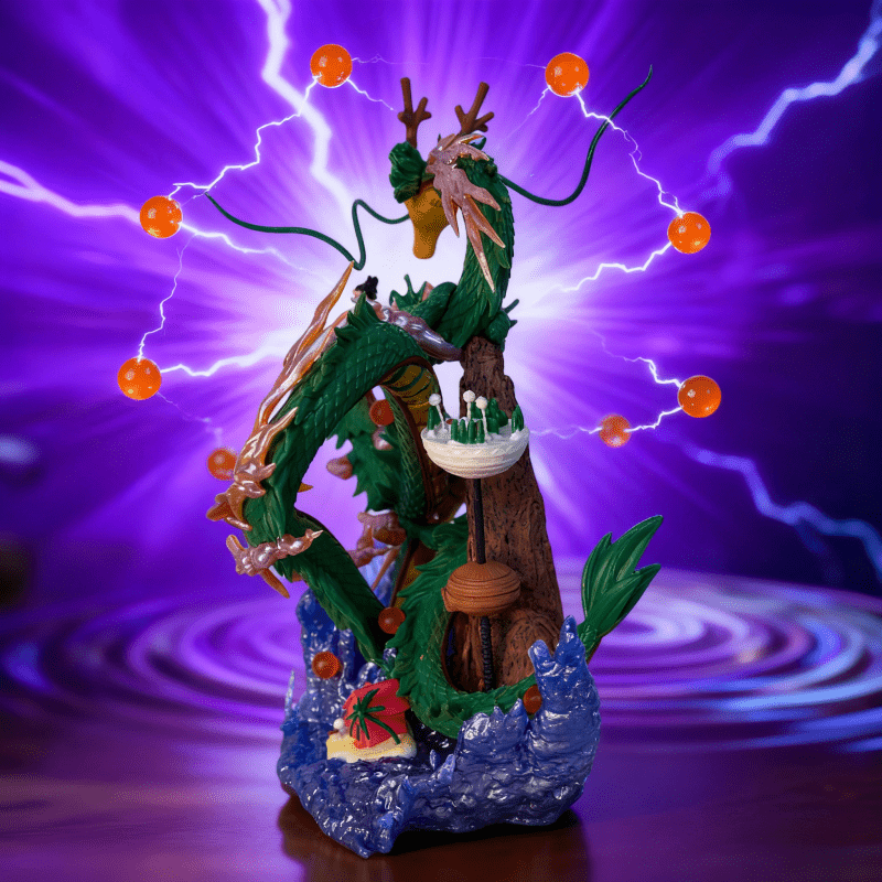 Anime Dragon Model with Blue Sea Wave Base & Red Cottage - Dynamic Pose, Vibrant Colors, Detailed Design for Car Interior, Desktop Decor, Christmas, Halloween