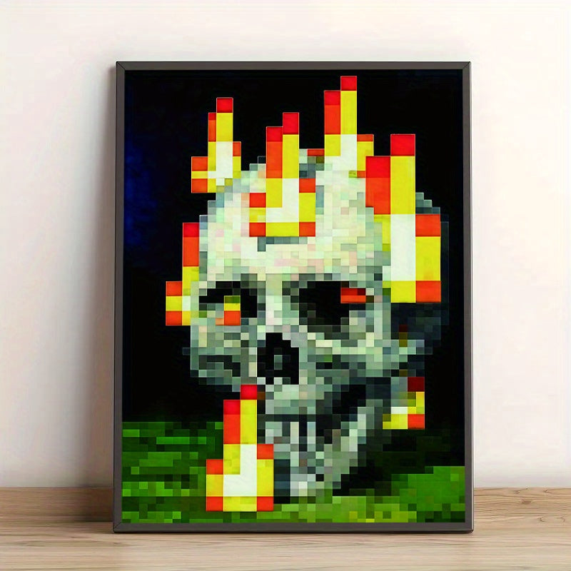 Pixelated Flame Skull Canvas Art Print - Frameless, Vibrant 8-bit Style Wall Decor for Home Office, Contemporary & Urban Themed, Vertical & Horizontal Hanging, Perfect for Modern Spaces, Skull Home Decor