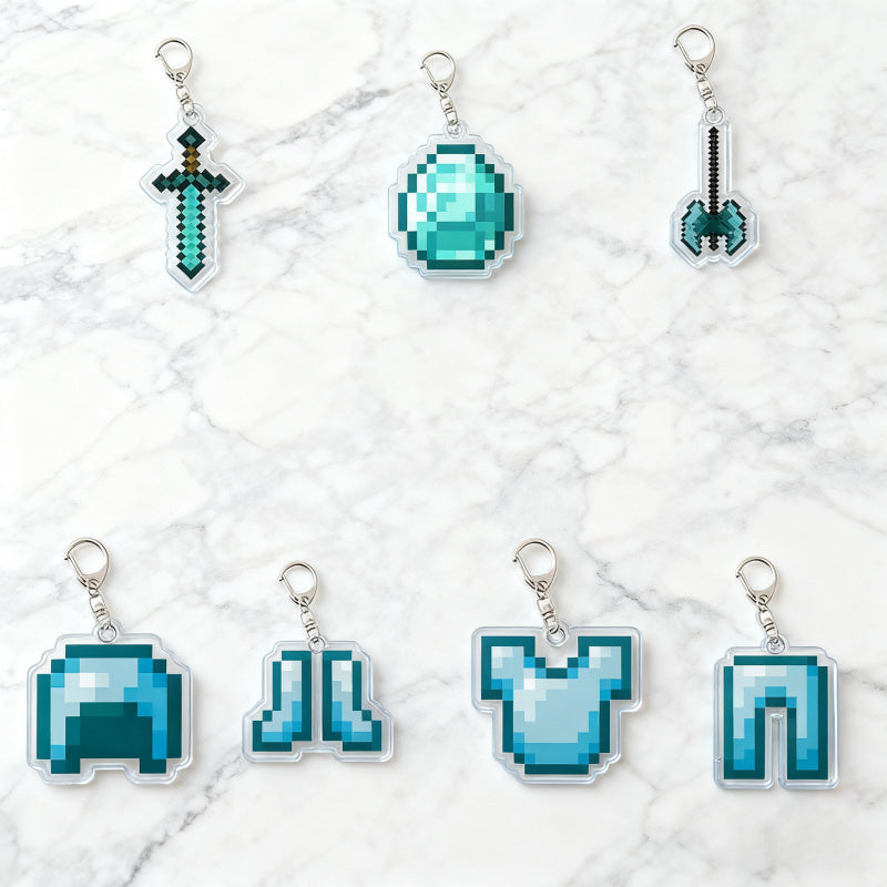 7pcs block-based game Diamond Armor Set - Complete Collectible Acrylic Keychain & Accessory Kit with Diamond Sword, Pickaxe, Bow, Chest Plate, Helmet, Pants & Boots Charms - Durable PP for,, Gamers (/Holiday Gift
