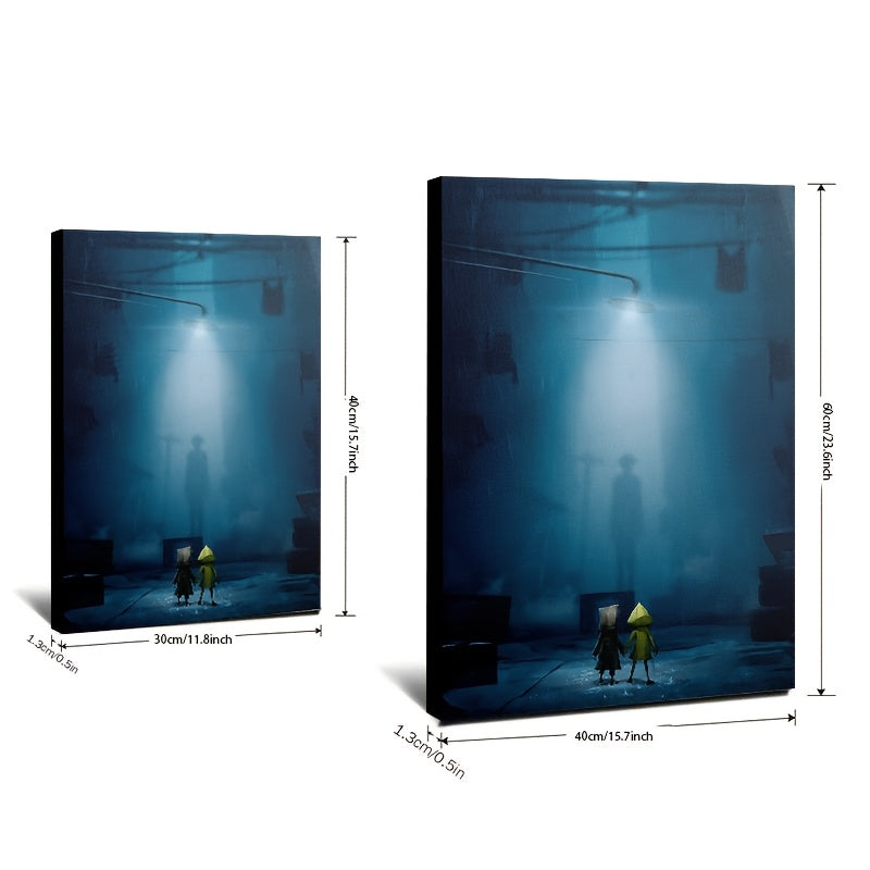1pc Little Nightmares Six & Mono Rainy Night Scene Framed Canvas Wall Art - 29.97x39.88cm (11.8"x15.7") Recycled Wood Frame, Ready-to-Hang Video Game Inspired Painting for Living Room, Bedroom, Dorm, Office, Playroom Decor -