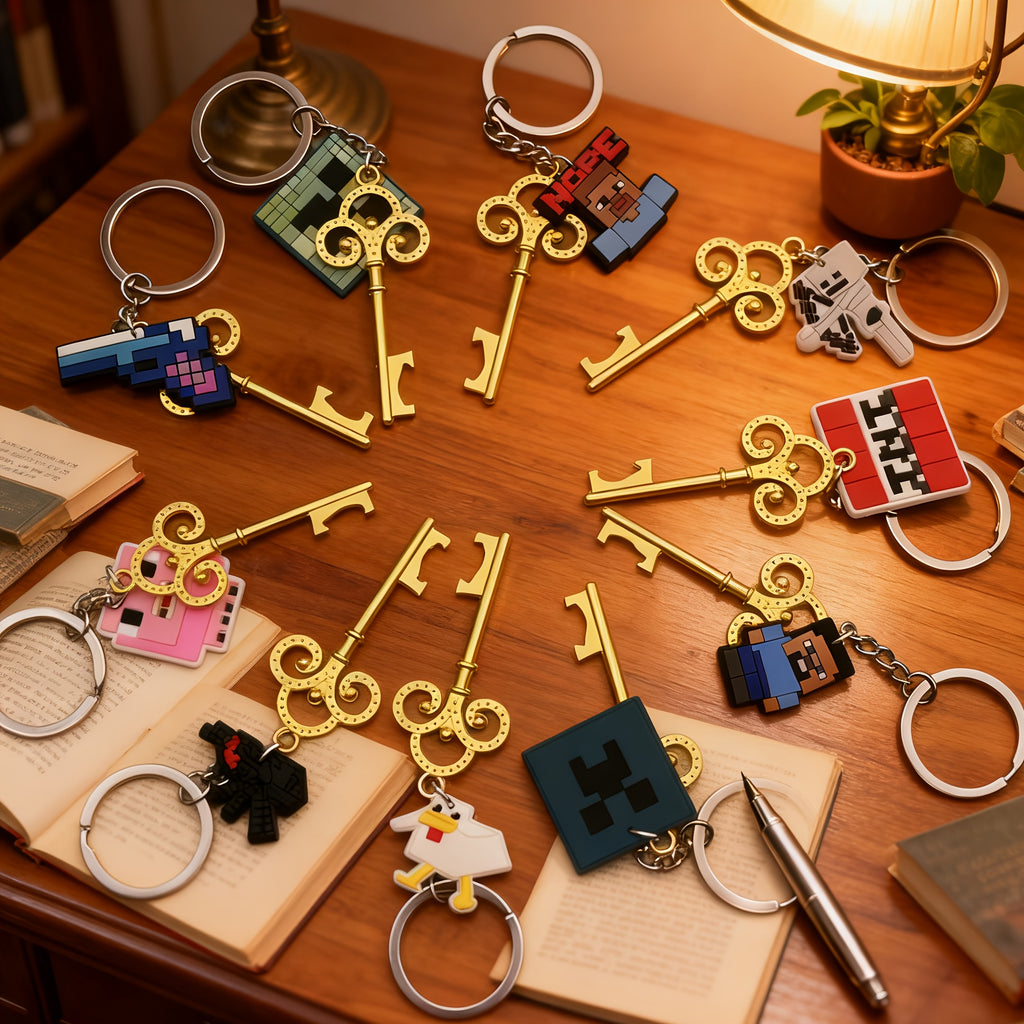 10pcs MINECRAFT Keychains with Openers - Official Minecraft-Themed Keys with Creeper, Sheep, Diamonds, TNT, Golden Tools - Durable PVC & Stainless Steel - Birthday, Christmas, Halloween, Holiday Gifts, Pixel Art Design, Decor