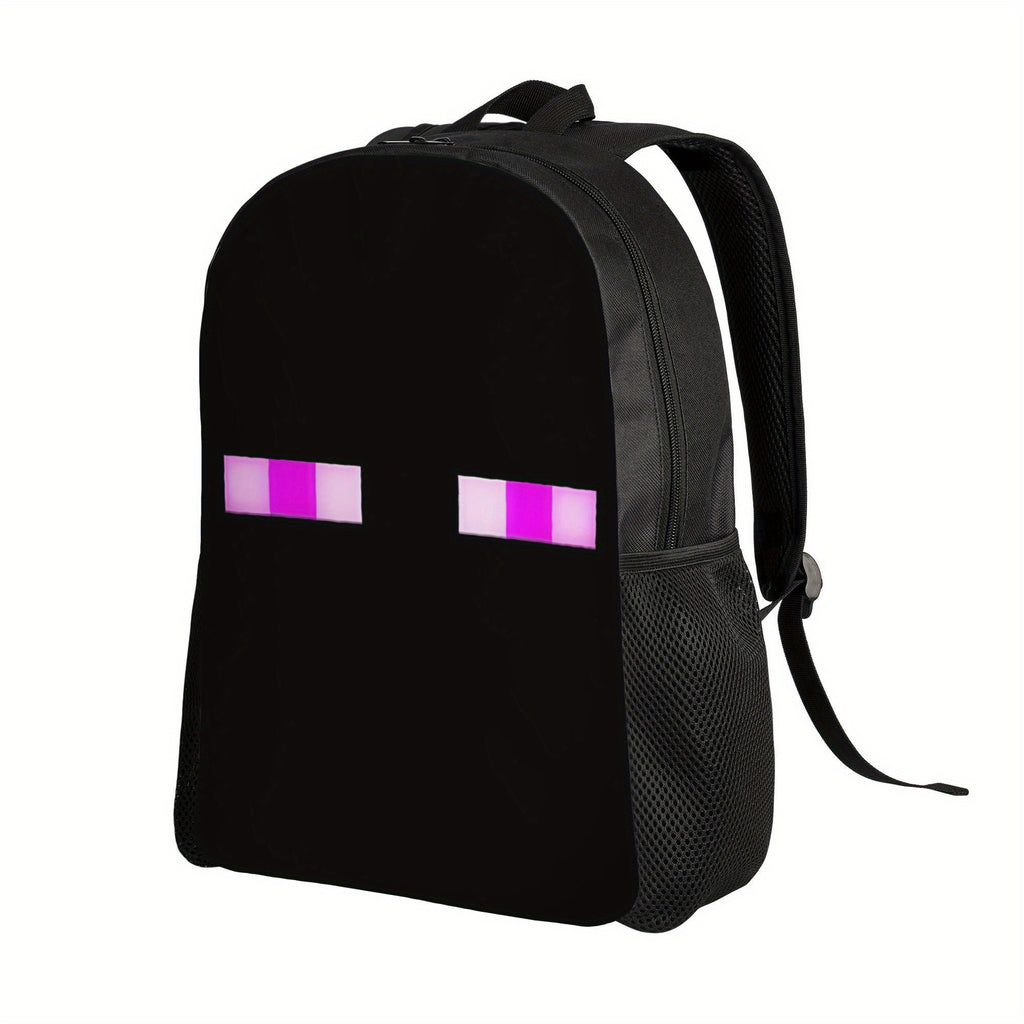 1pc Retro Game-Inspired Backpack - Black with Pink & White Pixelated Eyes Design, Adjustable Straps, Lightweight & Machine Washable, Perfect for High School Students, Daily Commute, or Birthday Gift, Backpack for School, Play