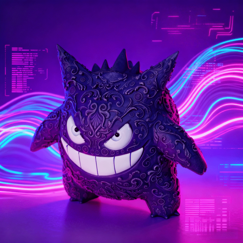 تمثال بيولوجي أرجواني اللون، مغطى بأنماط دقيقة في جميع أنحاء الجسم، مع نسيج معقد وفني، وأسنان بيضاء مبالغ فيها وتفاصيل عين حية تجعل النموذج مليئًا بالتوتر، والأشواك الحادة على الظهر