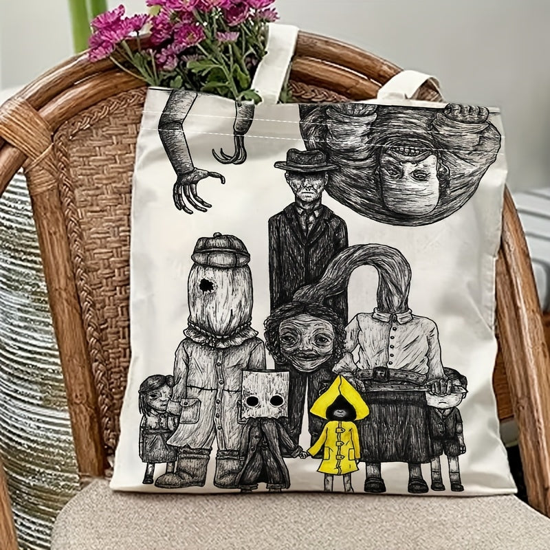 1pc Little Nightmares Complete Edition Tote Bag - Official Horror Movie Design with Characters, Large 14x16in/35x40cm Reusable Shopping Bag, Durable Polyester Shoulder Bag for Travel, Beach, School, Everyday Use - Perfect Gif