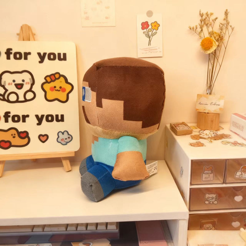 World Game Style Sitting Blue for Man Pixel Plush Doll Merchandise, Suitable as Birthday Gift, Holiday Gift, Ideal Companion Doll for Children, Holiday Present Idea, Video Game Merchandise, Sitting Blue Figure, Sitting Pose D