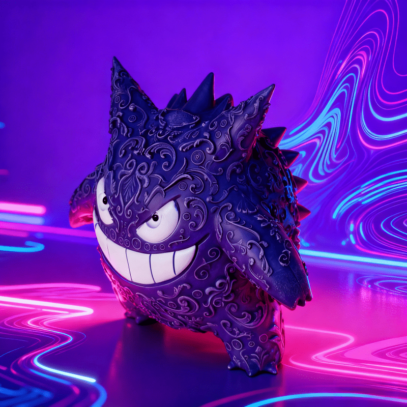 تمثال بيولوجي أرجواني اللون، مغطى بأنماط دقيقة في جميع أنحاء الجسم، مع نسيج معقد وفني، وأسنان بيضاء مبالغ فيها وتفاصيل عين حية تجعل النموذج مليئًا بالتوتر، والأشواك الحادة على الظهر