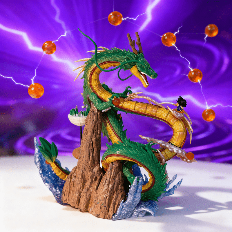 Anime Dragon Model with Blue Sea Wave Base & Red Cottage - Dynamic Pose, Vibrant Colors, Detailed Design for Car Interior, Desktop Decor, Christmas, Halloween