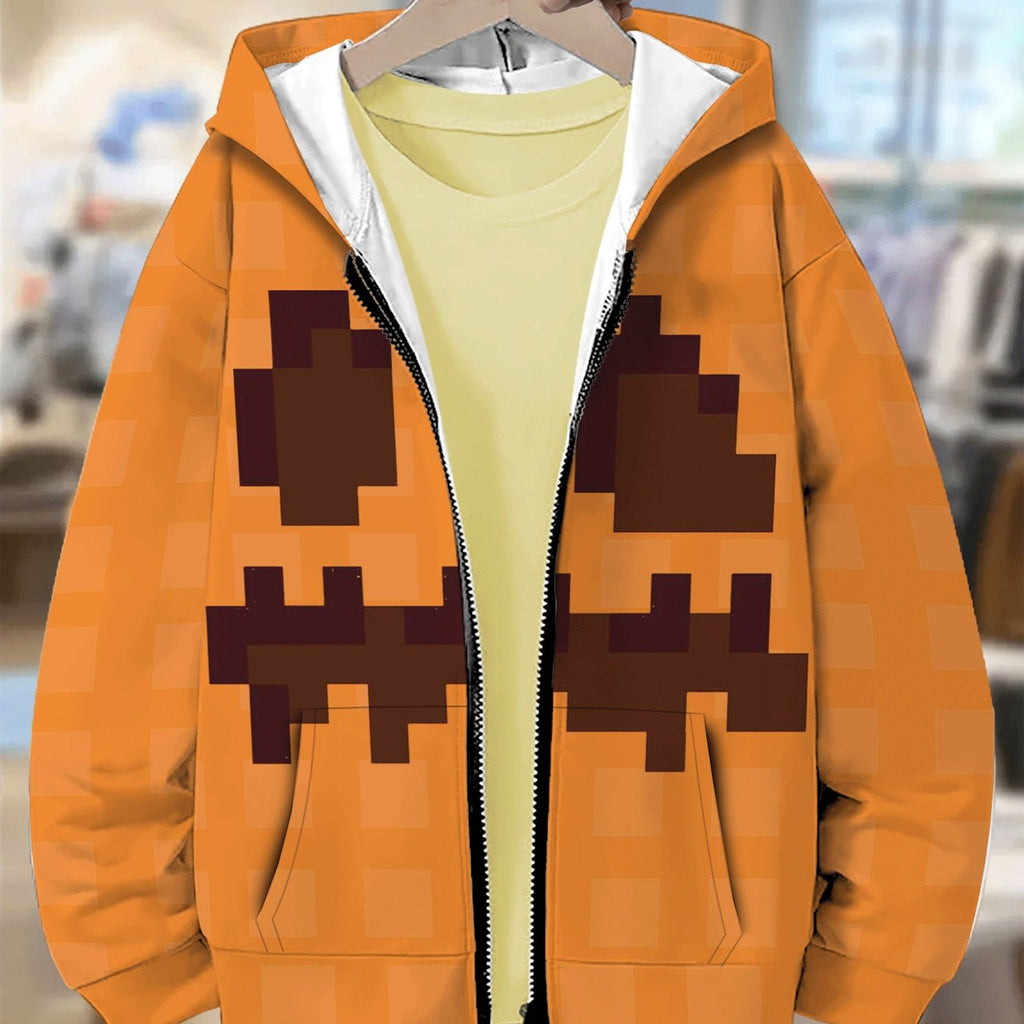 Boys' Halloween Pixel Pumpkin Hooded Zip-Up Sweatshirt - Cozy Orange Jacket with Black Zigzag Design, Casual Long Sleeve Outerwear for Fall/Winter, Perfect for Outdoor Play & Daily Wear, Halloween, Playful Design, Comfortable