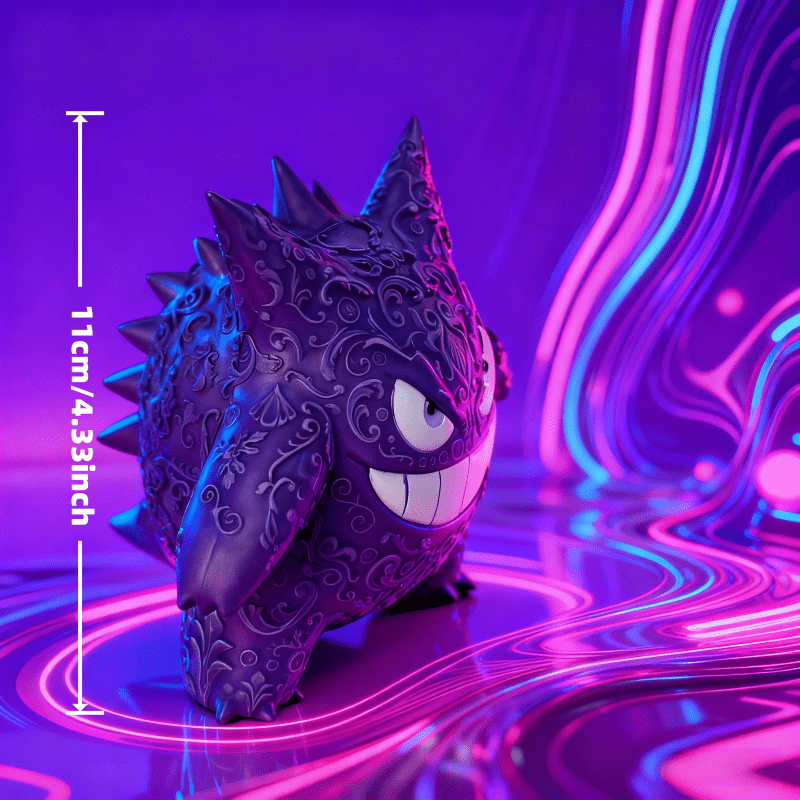 تمثال بيولوجي أرجواني اللون، مغطى بأنماط دقيقة في جميع أنحاء الجسم، مع نسيج معقد وفني، وأسنان بيضاء مبالغ فيها وتفاصيل عين حية تجعل النموذج مليئًا بالتوتر، والأشواك الحادة على الظهر