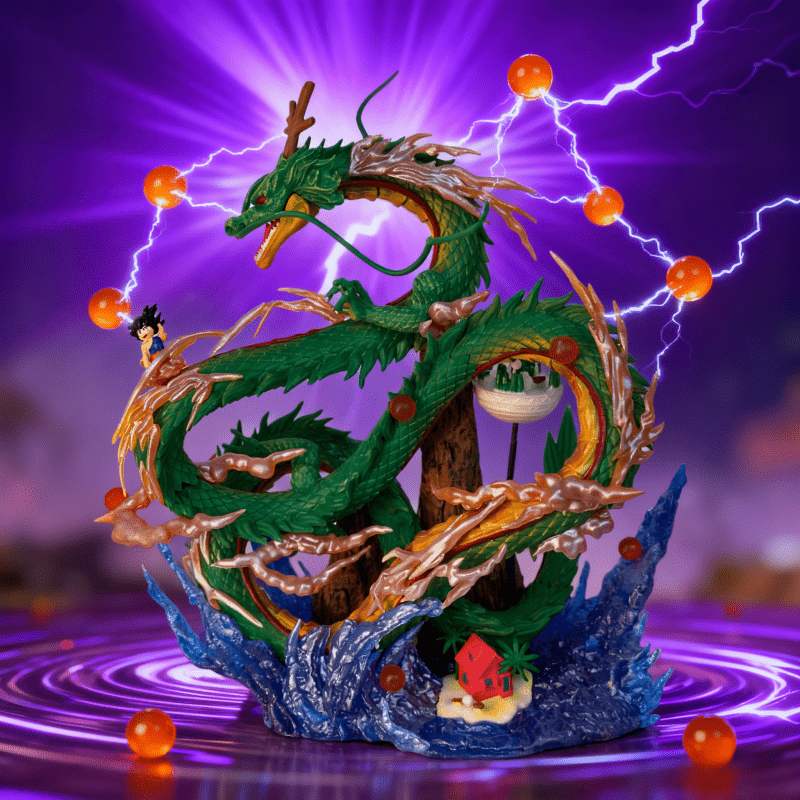 Anime Dragon Model with Blue Sea Wave Base & Red Cottage - Dynamic Pose, Vibrant Colors, Detailed Design for Car Interior, Desktop Decor, Christmas, Halloween