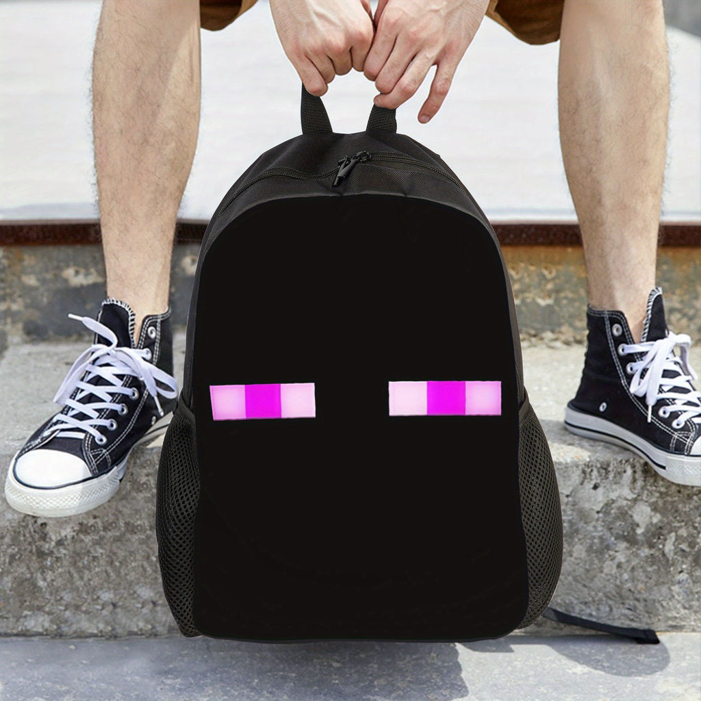 1pc Retro Game-Inspired Backpack - Black with Pink & White Pixelated Eyes Design, Adjustable Straps, Lightweight & Machine Washable, Perfect for High School Students, Daily Commute, or Birthday Gift, Backpack for School, Play