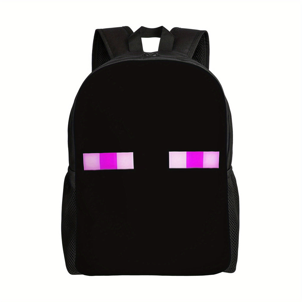 1pc Retro Game-Inspired Backpack - Black with Pink & White Pixelated Eyes Design, Adjustable Straps, Lightweight & Machine Washable, Perfect for High School Students, Daily Commute, or Birthday Gift, Backpack for School, Play