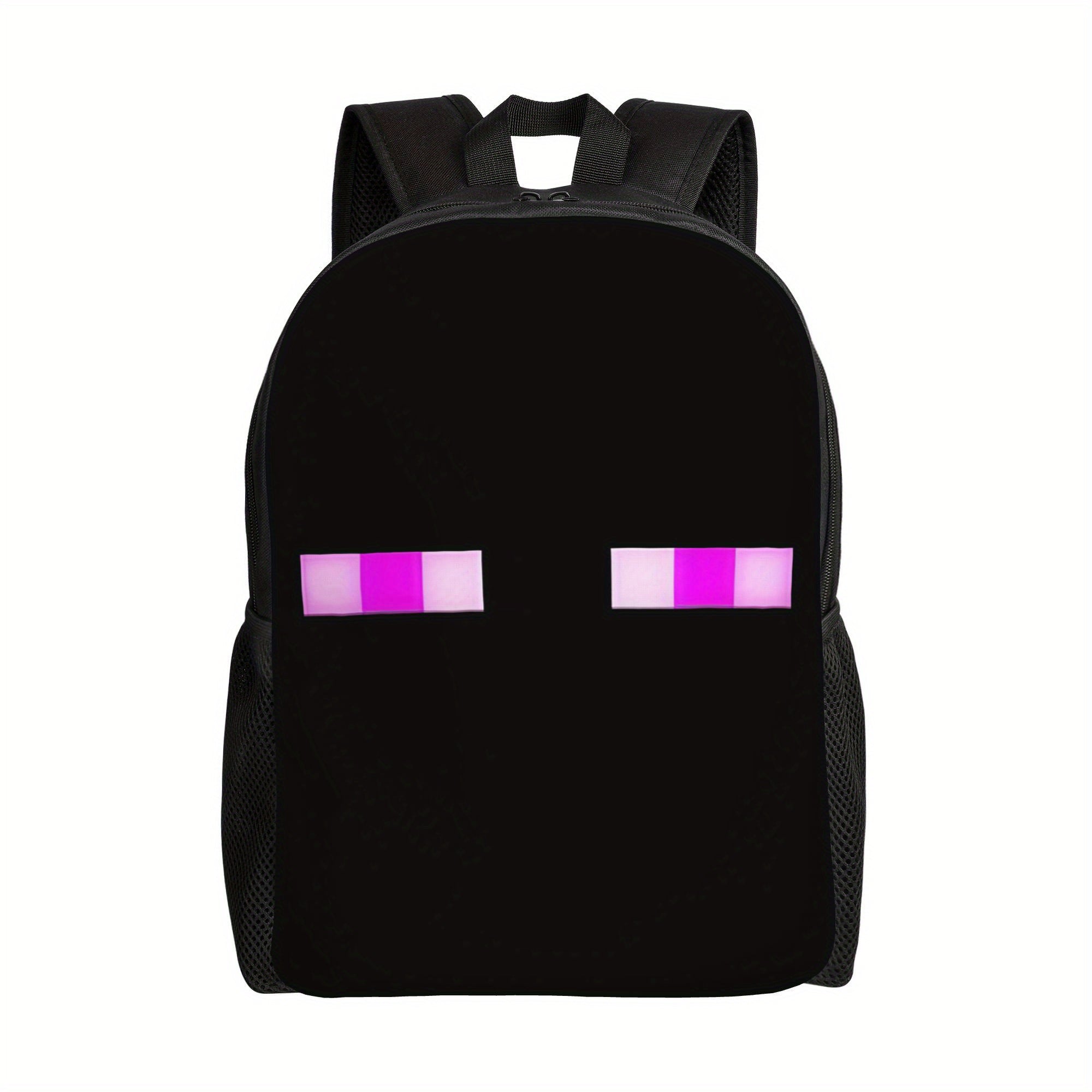1pc Retro Game-Inspired Backpack - Black with Pink & White Pixelated Eyes Design, Adjustable Straps, Lightweight & Machine Washable, Perfect for High School Students, Daily Commute, or Birthday Gift, Backpack for School, Play