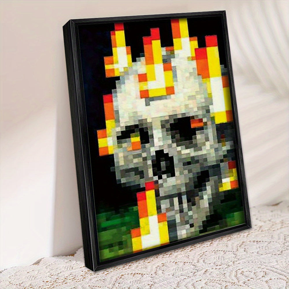 1pc Framed Canvas Poster - Retro 8-Bit Arcade Pixel Skull Flames Art, Bold Color Block High-Contrast Wall Decor for Gamers & Pop Culture Fans, Edgy Modern Artwork for Living Room, Office, Cafe, Gamer Room Accent, Vibrant Artw