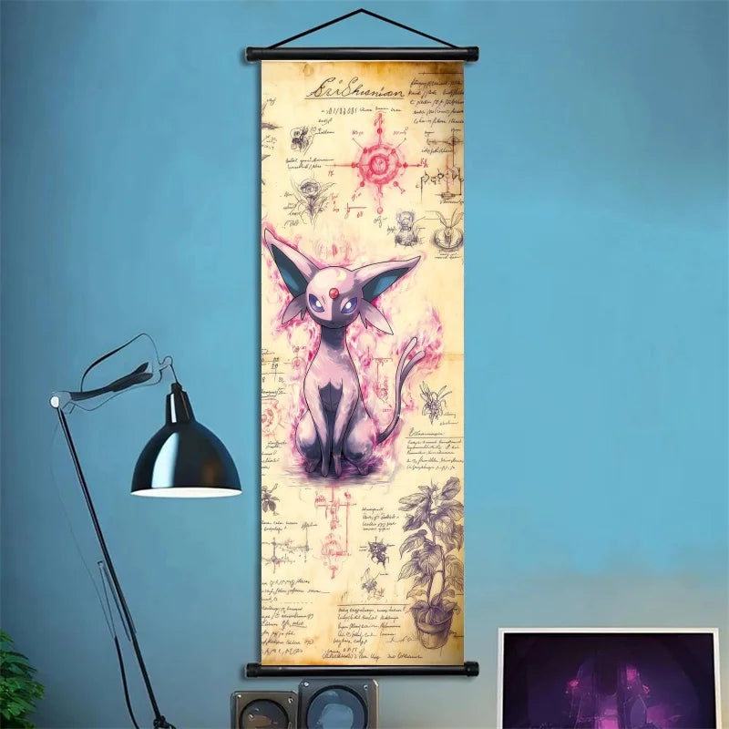Pokemon Retro Charizard Bulbasaur Umbreon Gengar Scroll Art Cloth Anime Characters Wall Hanging Poster Halloween Xmas Decor