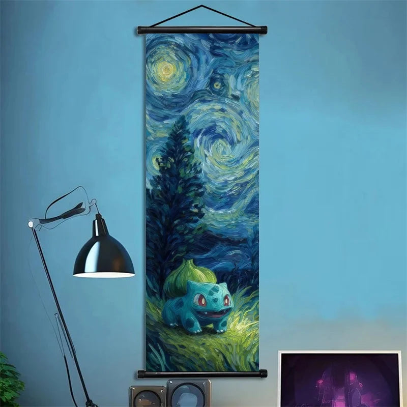Pokémon Scroll Art Cloth Bulbasaur Pikachu Charmander Starry Night Style Cartoon Wall Hanging Poster Home Collection & Gifts