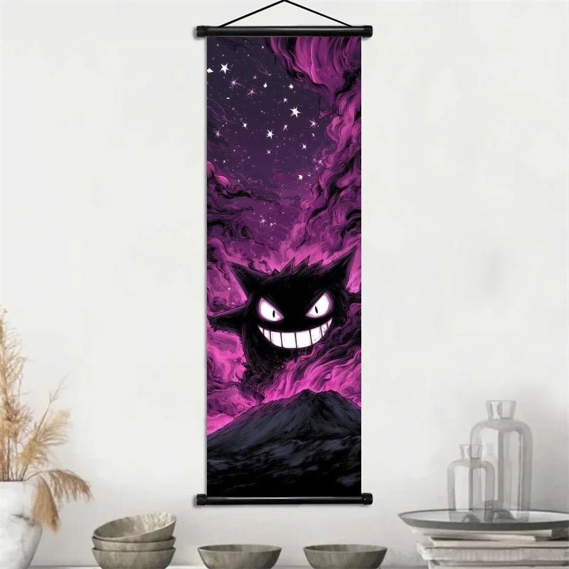 Pokemon Gengar Scroll Art Cloth Anime Characters Wall Hanging Poster Halloween Xmas Decor Fans Collection Home Gifts