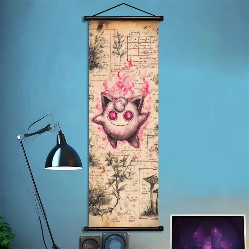 Pokemon Retro Charizard Bulbasaur Umbreon Gengar Scroll Art Cloth Anime Characters Wall Hanging Poster Halloween Xmas Decor