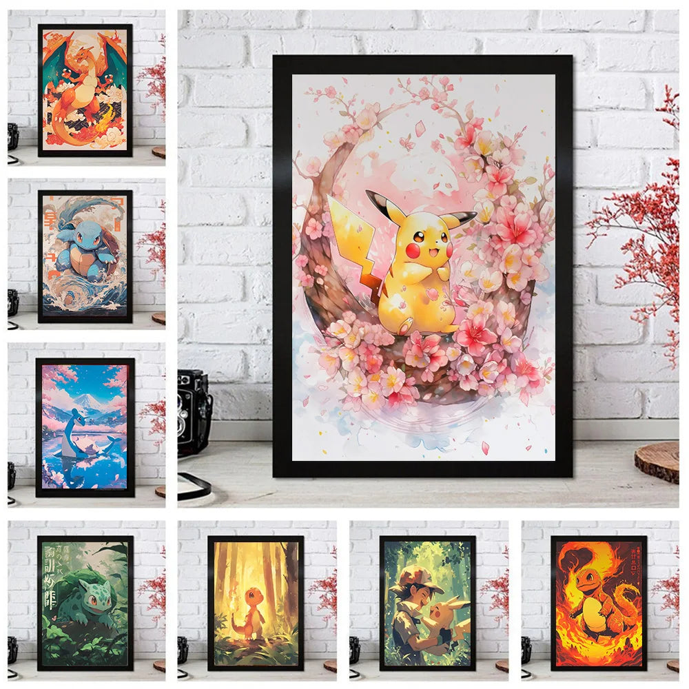 P-Pokemon Japanese Anime Canvas Painting Kawaii Elf Pets HD Poster Retro Bar Noodle Room Living Room Home Mural Decor Kids Gifts